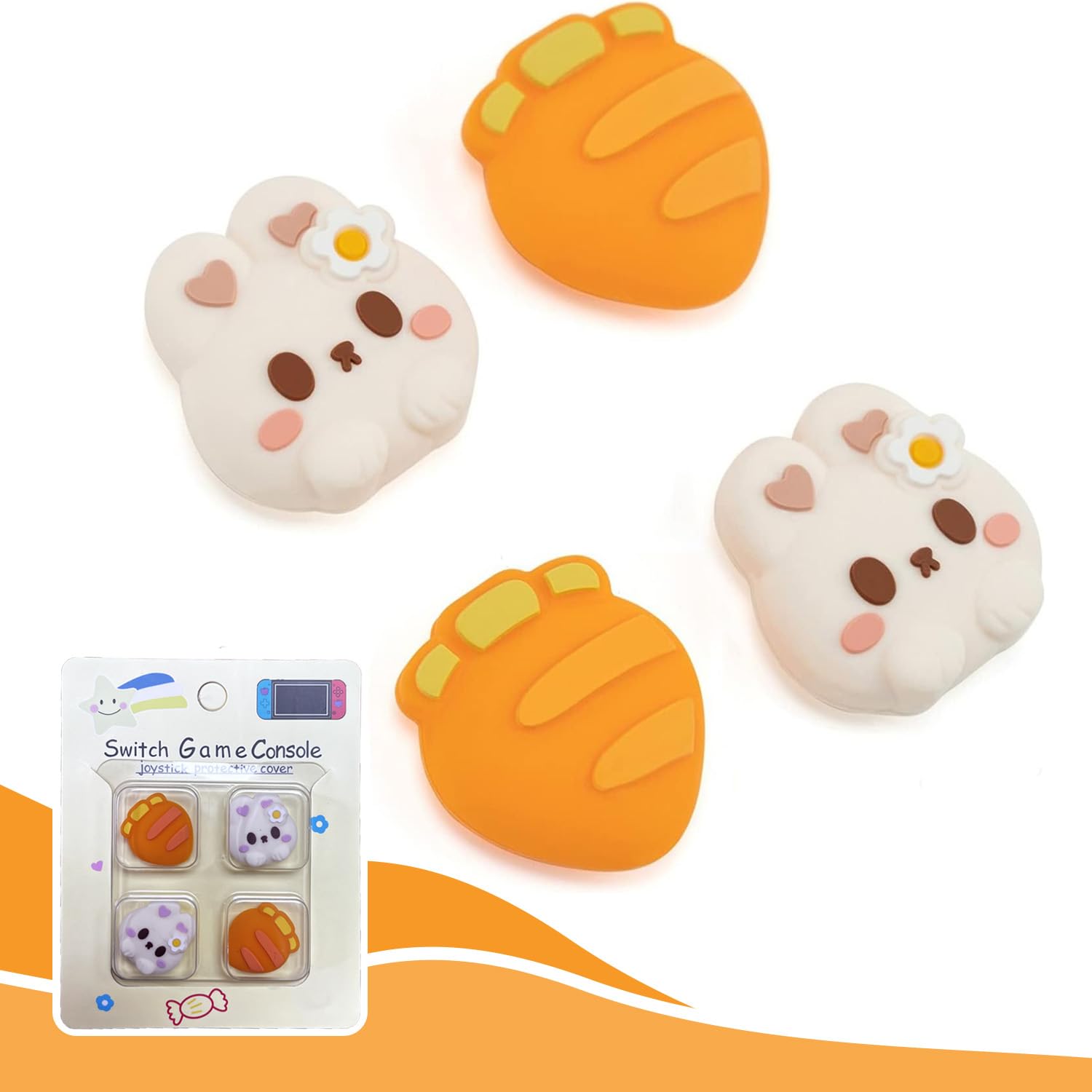 Epstur Cute Silicone Analog Stick Grips Button Covers & Thumb Grip Caps for Switch/OLED/Switch Lite & Joy-Con Controllers, 4PCS - Rabbit & Carrot Thumb Caps