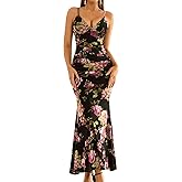 GLNEGE Women's Floral Wedding Guest Formal Maxi Dress Bodycon Spaghetti Strap V Neck Elegant Cocatail Dresses