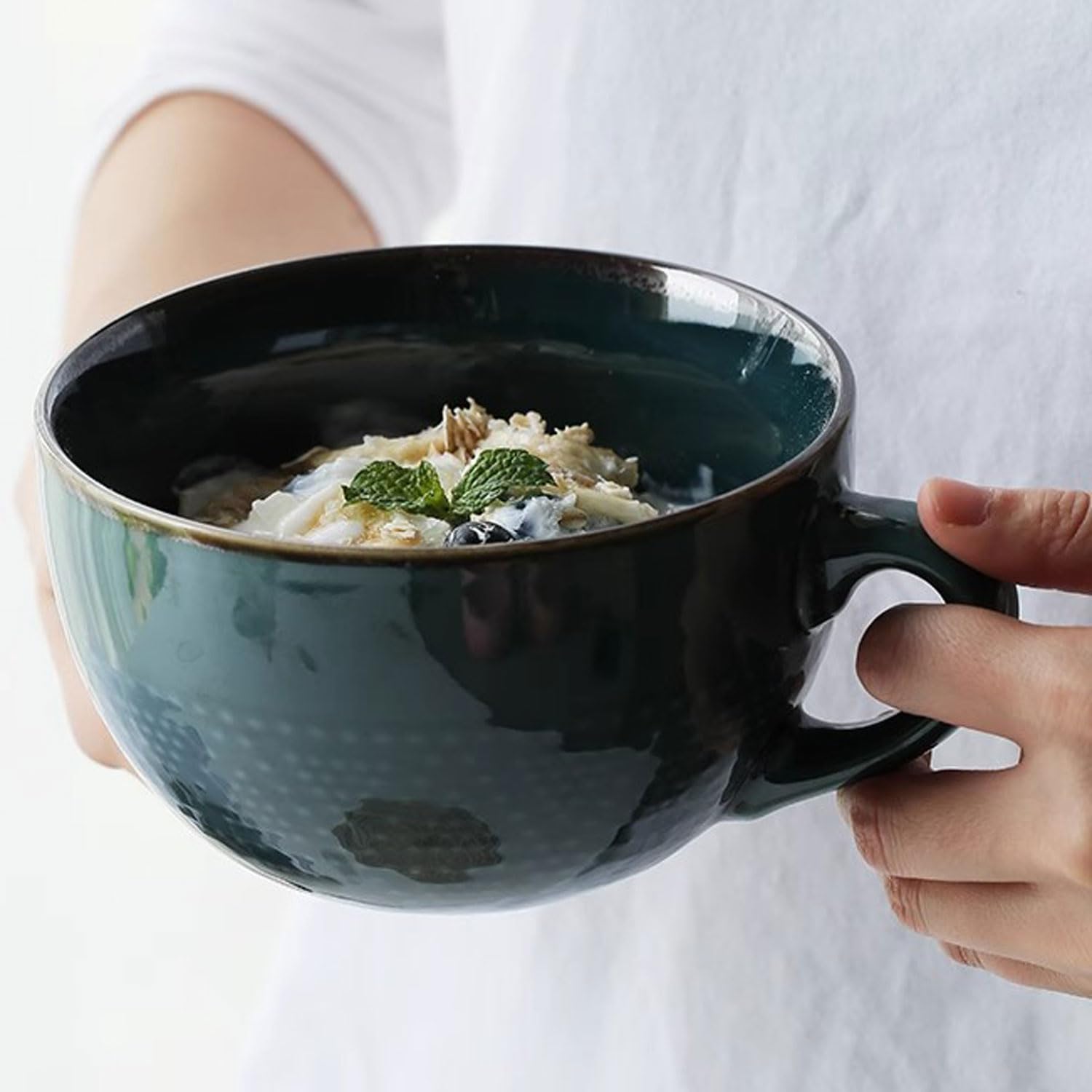 hengshukeji 700 ML Large Ceramic Coffee Mug with Coaster and Spoon，Grain Soup Cup/Coffee Mug/Salad Bowl for Coffee, Tea, Ice Cream, Cereal (Dark Green)