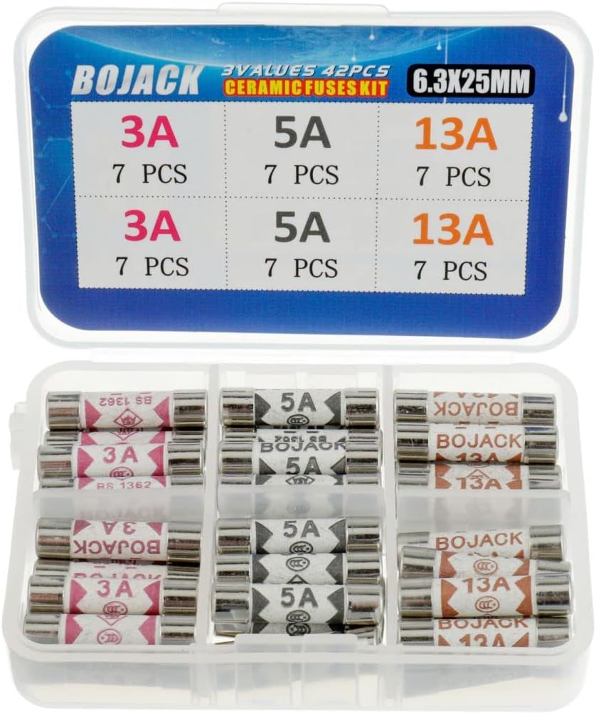 BOJACK 42Pcs BS1362 Ceramic Tube Cartridge Fuses 3A 5A 13A 240V 6.3x25mm