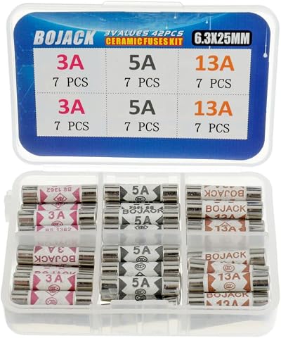 BOJACK 42Pcs BS1362 Ceramic Tube Cartridge Fuses 3A 5A 13A 240V 6.3x25mm