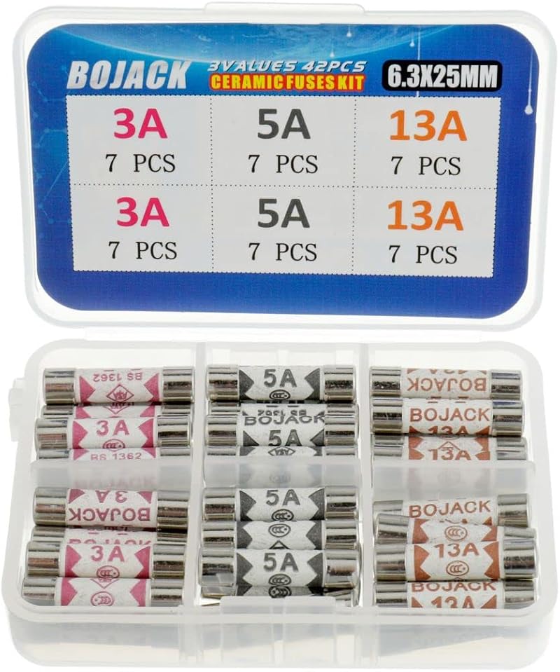BOJACK 42Pcs BS1362 Ceramic Tube Cartridge Fuses 3A 5A 13A 240V 6.3x25mm