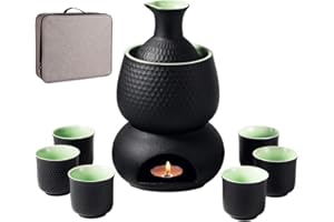 Sake Set and Cups with Warmer Keep Sake Storage Gift Box, Traditional Porcelain Japanese Pottery Hot Saki Drink, 9pcs Include