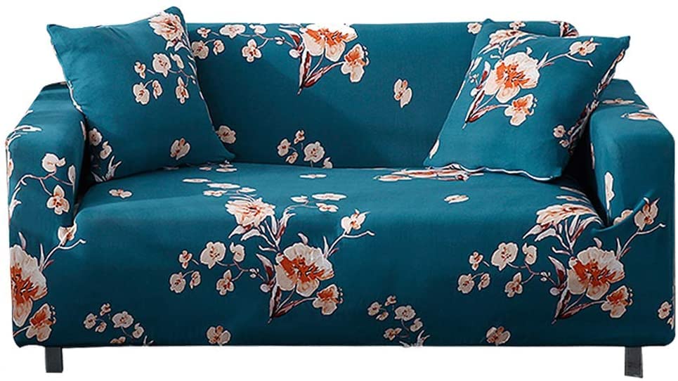 WDong Stretch Sofa Coves, Polyester Spandex Printed Elastic Couch Sofa Slipcovers 4 Seater Furniture Protector Covers, 88-114" Long with Anti-Slip Foam (Blue Flower)