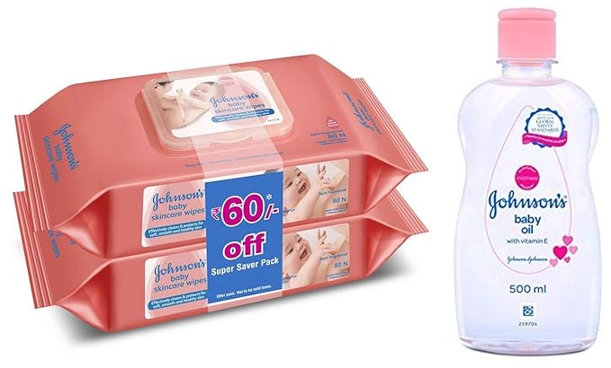 Johnsons Baby Wipes, Pack of 2 (160 Wet Wipes) & Baby Oil with Vitamin E (500ml) Combo