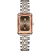 CILOA Gold Watches for Women with Vintage Rectangular Case, Brown Roman Dial, Two-Tone Stainless Steel Watch Band, Water Resistant, Adjustment Tool Included