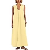 Lenader Women Flowy Maxi Dress Ruched Sleeveless Long Dress Vacation Fashion Summer Casual Loose fit Sundress with Pockets Size XS Yellow