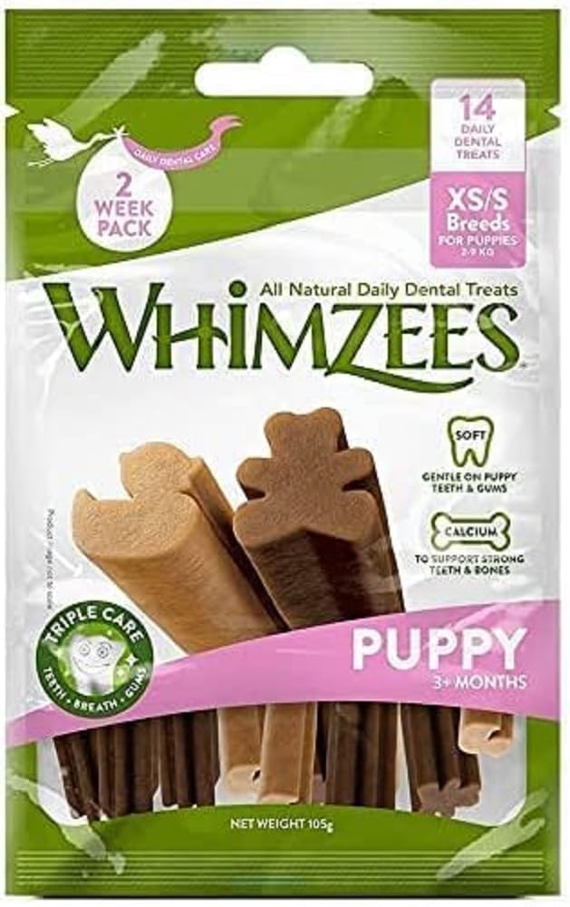 Whimzees Puppy Chew Sticks for Extra Small and Small Dogs, Natural Treats for Oral Hygiene, Size XS/S, Bag of 14 Pieces
