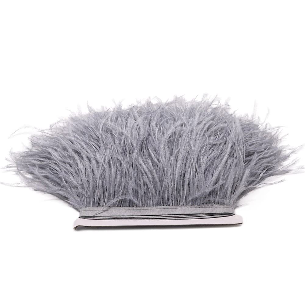 FQTANJU 2 Yards Soft & Natural Ostrich Feathers Fringe Trims Ribbon Used for Dress, Sewing, Craft Clothing, Lighting Decoration, Clothing DIY, etc. (Silver Gray)…