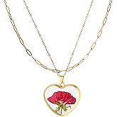 Lit Wall Birth Flower Necklaces for Women Gold 2Pcs 18K Gold Plated Handmade Pressed Flower Necklace Heart Shaped Birth Month Flower Necklace Flower Pendant Necklace Birthday Gifts for Women