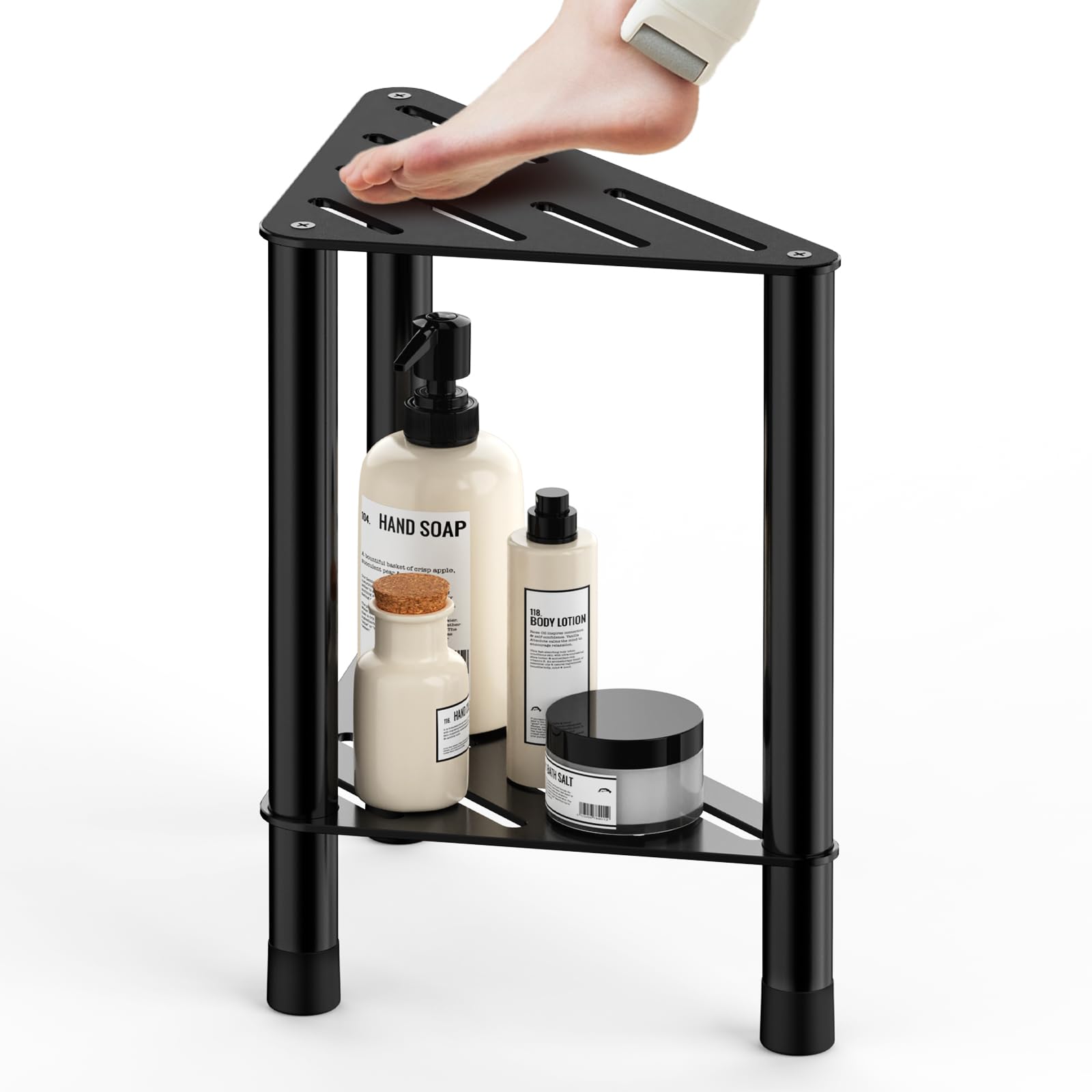 Photo 1 of Corner Shower Stool for Inside Shower - 15.5in Shower Foot Rest with Storage Shelf, Stainless Steel Shower Stool for Shaving Legs, Bathroom Bench Suitable for Small Shower Spaces, Black