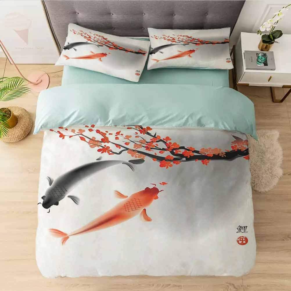 Aishare Store Bedding Duvet Cover 3 Piece Set King, Koi Carp Fish Couple Swimming with Cherry