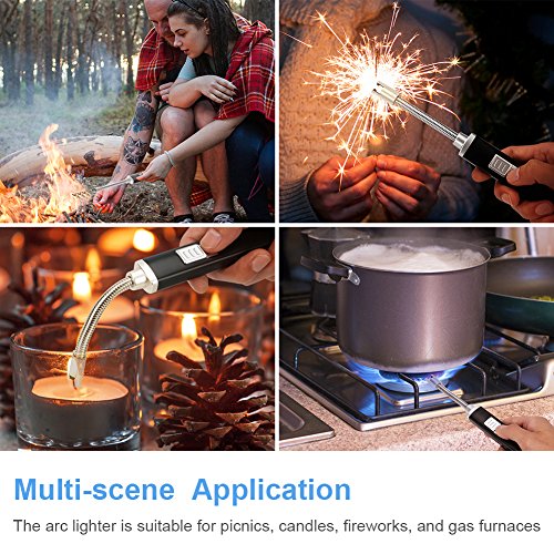 Electric Arc Atomic Candle Lighter USB Rechargeable Kitchen Lighters Long 360° Flexible Neck for BBQ Stovetop Camping Grilling Church Praying Worshipping (Black)