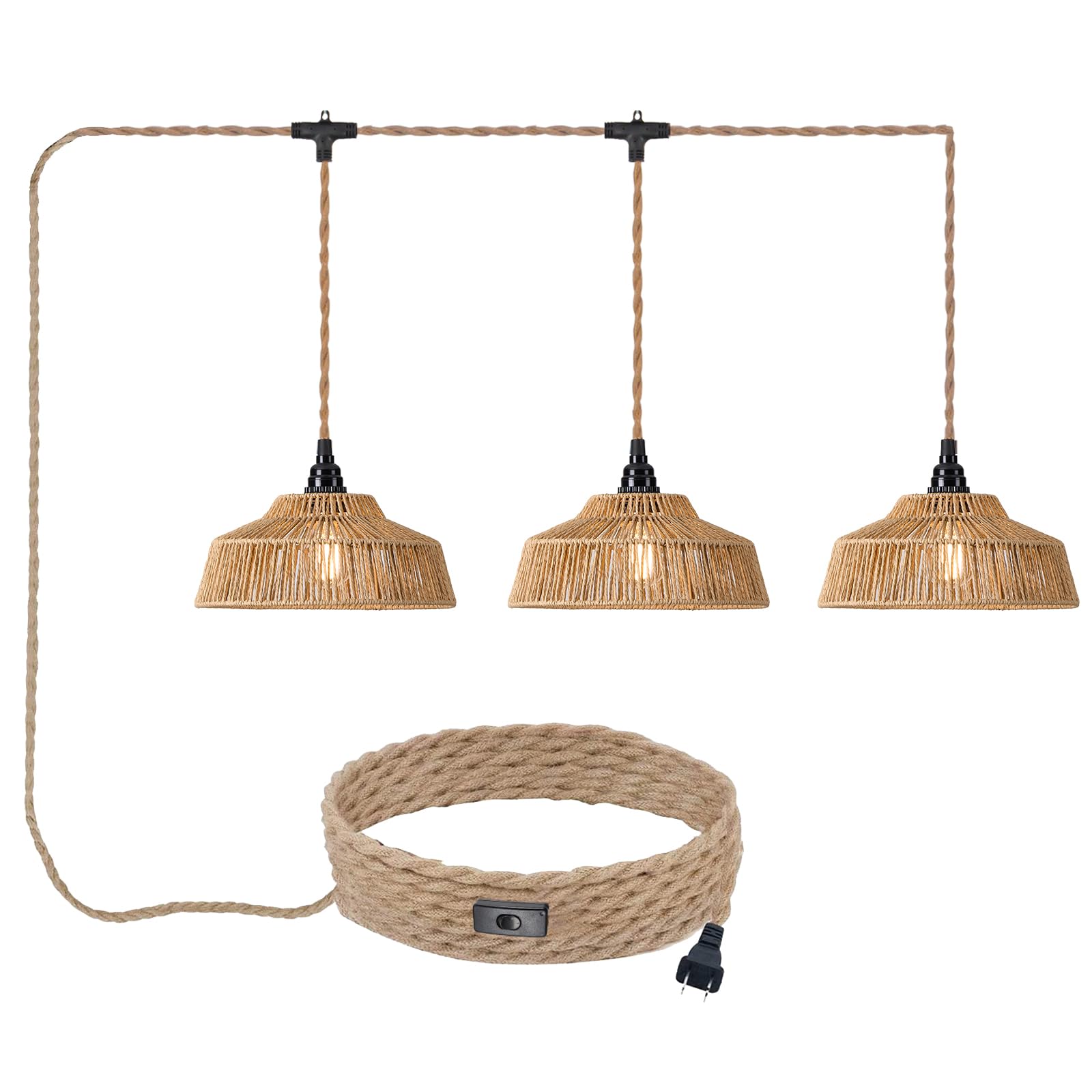 Photo 1 of ALAISLYC 3 Lights Rattan Plug in Pendant Light with Cord On/Off Switch Rattan Hanging Lamp with 22ft Hand Woven Wicker Plug in Chandelier Boho Hanging Lights Fixture for Bedroom Kitchen Hallway Foyer