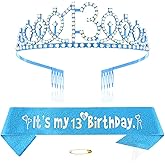 Blue 13th Birthday Tiara Sash for Princess Crown Crystal Queen Tiara Birthday Headbands Happy Birthday Decorations Birthday Sash Tiara Kit Birthday Clothing Accessories Party Supplies