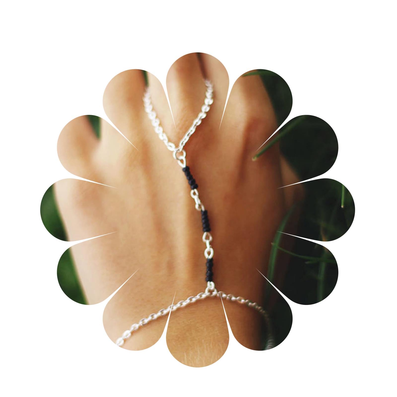 Aneneiceera Boho Finger Ring Black Beaded Bracelet Silver Simple Hand Chain Slave Finger Ring Bracelet Bangle Bridal Handpiece Hand Harness Jewelry for Women and Girls