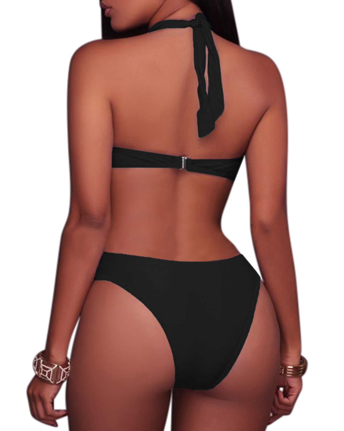 Women Sexy Halter High Neck One Piece Swimsuit High Leg Cut Out Monokini Mesh Panel Swimwear Black M