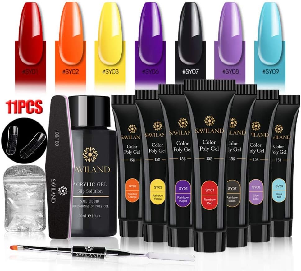 Novobey 11 Pieces Poly Nail Gel Kit, Include 7 Colors Poly Nail Gel, Slip Solution, Dual Nail Brush, Nail File, Model Nail Tips, Nail Extension Manicure Kit for Nail Enhancement