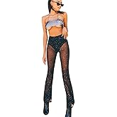 Women Rave Mesh Sheer Pants Flared Bell Bottom Pants for Dance Festival Clubwear