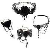 Hopodix 4PCS Black Roses accessories Vampire Costume Accessories with Gothic choker necklace bracelet thigh chain anklet for women