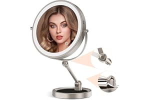 ROCOLLOS 9" Large Lighted Makeup Mirror with 1X/10X Magnification, 4000mAh Rechargeable Vanity Mirror with Height Adjustable & 3 Color Dimmable Lights, 360°Swivel Double Sided Tabletop Cosmetic Mirror