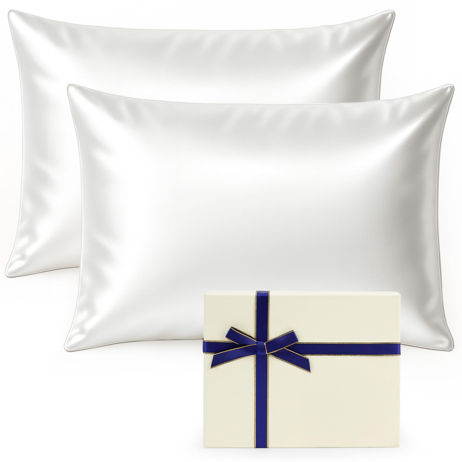 tenn well 2 Pack 100% Mulberry Silk Pillowcase Both Sides, 19 Momme Pure Silk Pillowcase for Hair and Skin, Soft & Smooth with Hidden Zipper (Standard 51 x 76cm, White Includes Gift Box)
