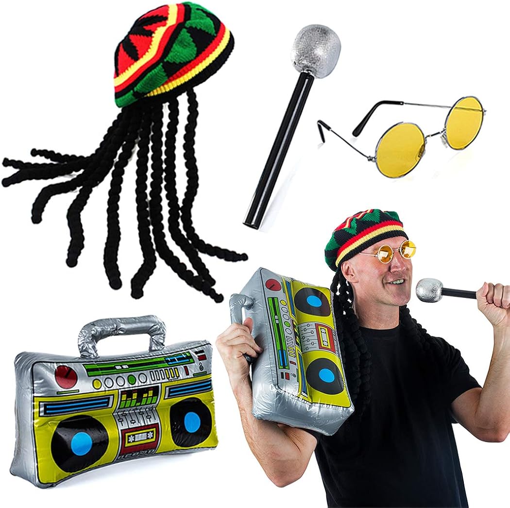 Tigerdoe Rasta Hat with Dreadlocks - 4 Pc Set - Stoner Costume - Jamaican Rasta Hat – Reggae Costume Black: Clothing