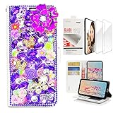 STENES Bling Wallet Case Compatible with iPhone 7 Plus/iPhone 8 Plus, 3D Handmade Rose Butterfly Flowers Floral Design Leather Case with Wrist Strap & Screen Protector [2 Pack] - Purple