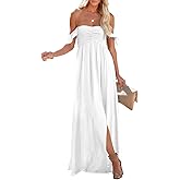 Happy Sailed Women's 2025 Summer Smocked Off The Shoulder Maxi Dresses Ruffle Short Sleeve A Line Side Slit Sundress