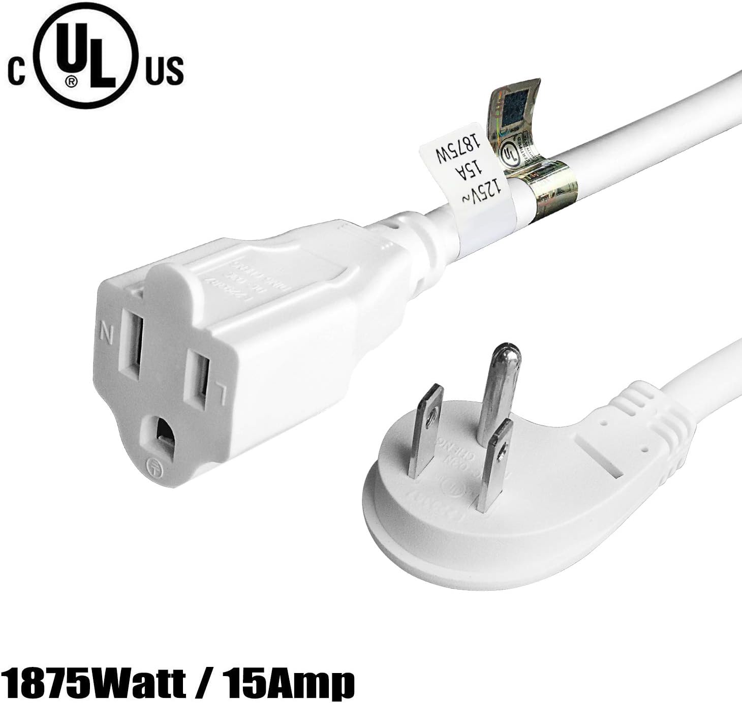 FIRMERST 10 Feet 1875W Extension Cord Heavy Duty Low Profile White 15A UL Listed - - 
