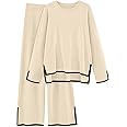 LILLUSORY Women Fall 2 Piece Lounge Set Outfits Sweatsuits Long Sleeve Sweater Tops Wide Leg Pants