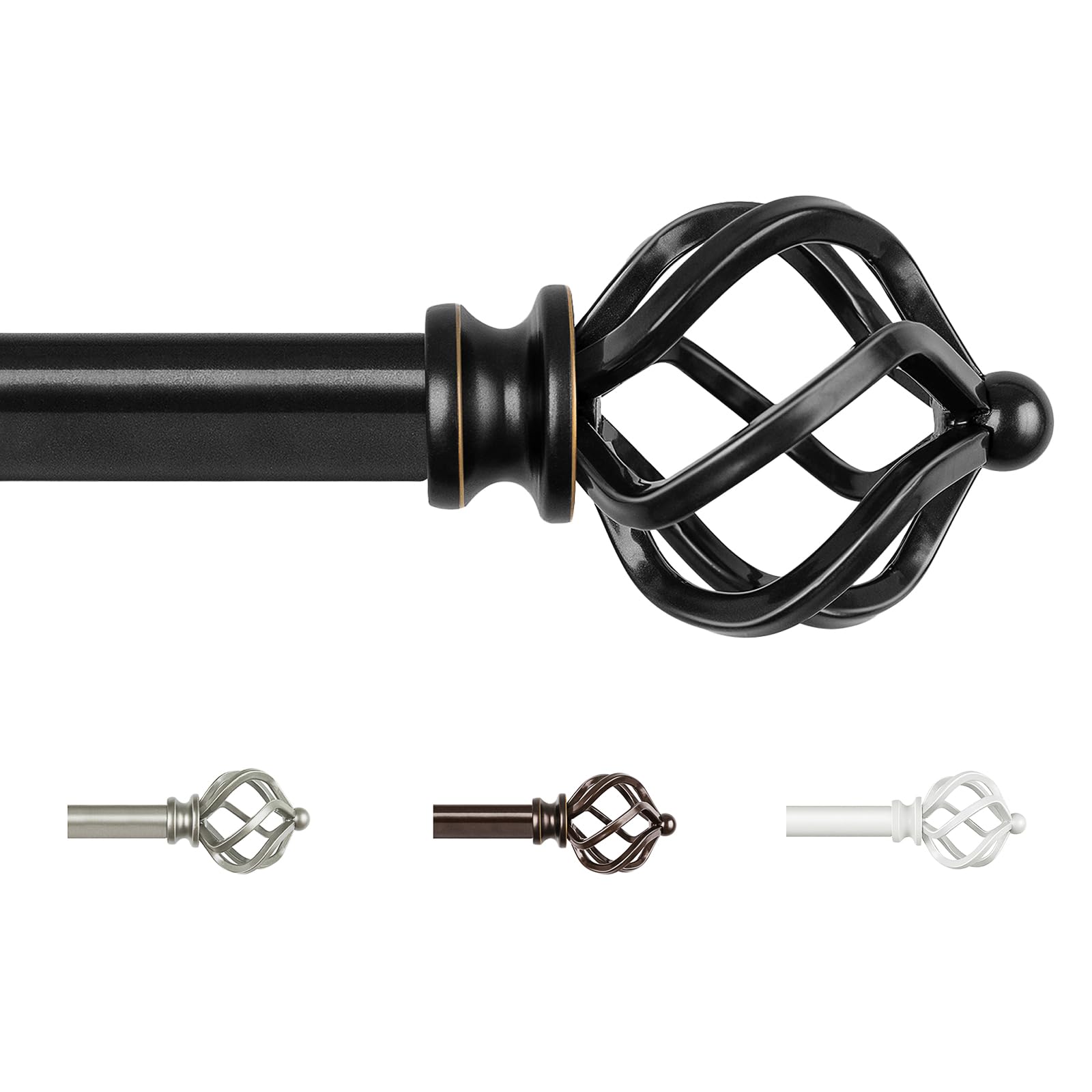 KAMANINA Curtain Poles 80 to 218 cm, Black Curtain Pole for Eyelet Curtains, Splicing and Telescoping Curtain Rod with Twisted Cage Finials