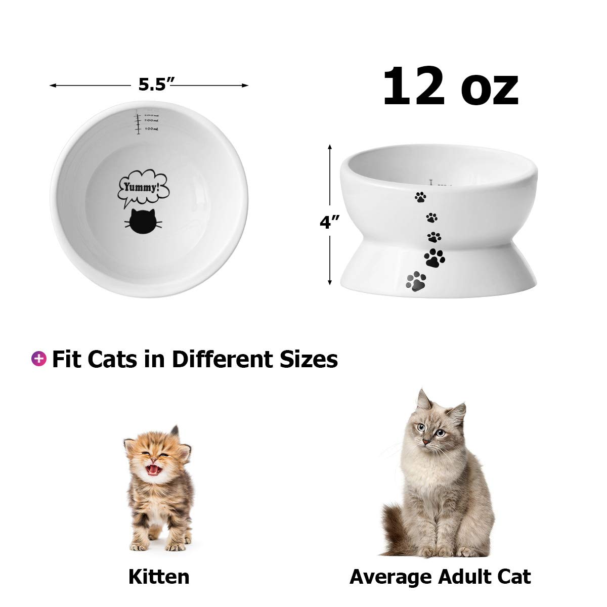 Y YHY Ceramic Raised Cat Food Water Bowl, 15 Ounce Slanted Cat Bowl, Tilt Angle Protect Cat's Spine, Stress Free, Backflow Prevention, Gift for Cat, Cat Dish, White