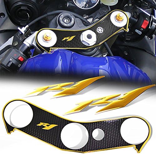 Handle Yoke Cover Gel Protector Sticker + 6.25" Fairing Emblem Decal for 04-08 Yamaha YZF R1 (Gold)