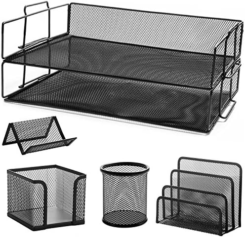 Befold 5 Piece Mesh Office Set - Desk Tray Black / Pencil Cup / Business Card Holder / Memo Holder / Letter Holder (+BONUS: Memo Organizer)