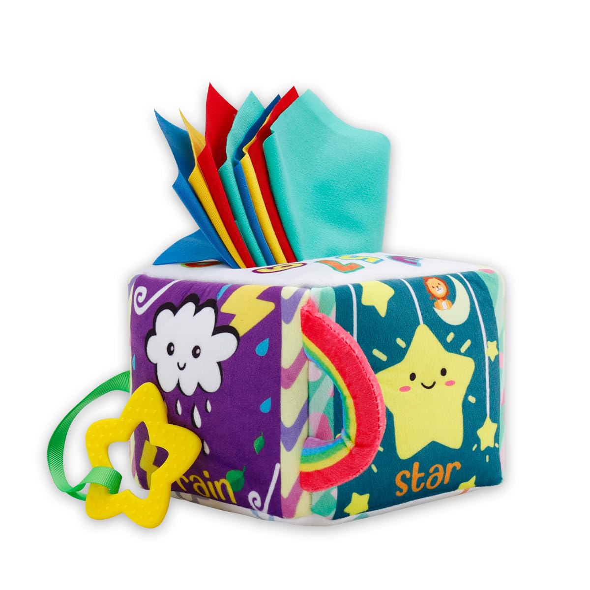 Vamotto Tissue Box Toy for Baby, Montessori Sensory Pull Toy with 12 Durable Cloth Scarves & Crinkle Paper for 6-12 Months Infants, Early Learning Educational Motor Skills Development Gift