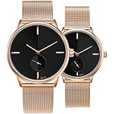 SENRUD Ultra Thin Simple Couples Watches His and Hers Stainless Steel Mesh Strap Pair Watch Gifts Set Men and Women Quartz Watches