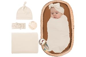 ZURLEFY Beige Baby Girl Newborn Swaddle Blanket, Receiving Blankets with Headband and Beanie Set for Baby Boys Nursery Swaddle Wrap (61-01)