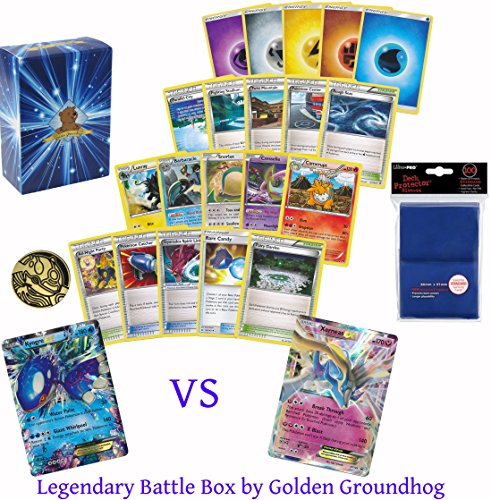 100 Pokemon Card Legendary Battle Box Lot Featuring Legendary Pokemon Kyogre EX Vs. Xerneas EX! Rough Seas and Fairy Garden! Energy Rares Foils Holos! Coin and Sleeves! Includes Golden Groundhog Box!