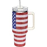 HWISDMIG 40oz Tumbler with Handle-Glitter Rhinestones Tumbler Bling Cups Stainless Steel Water Bottle Diamond Studded Tumbler for Women-Birthday Gifts for Women, Mom, Wife, Girlfriend (Usa Flag)