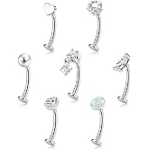 ORAZIO 7 Pcs Belly Button Ring Surgical Steel Hypoallergenic Floating Belly Button Rings for Women Flat Back CZ Opal Internally Threaded Long Bar Navel Piercing Jewelry 14G Gold Silver Tone