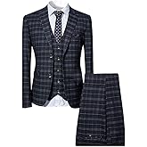 Cloudstyle Mens 3 Piece Slim fit Checked Suit Blue/Black Single Breasted Vintage Suits