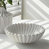 KULEDM Large Decorative Bowl Home Decor - 10in Ceramic White Scalloped Ruffle Fruit Bowl for Kitchen Counter, Dishwasher & Microwave Safe