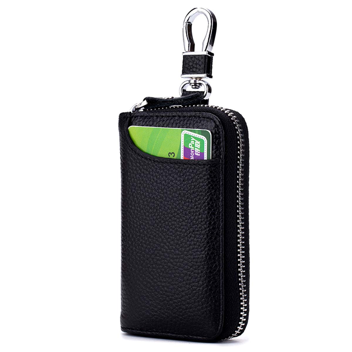 Aileder Genuine Leather Car Keychain Key Holder Case Bag Wallet Cover with Zipper Credit Card Holder (Black)
