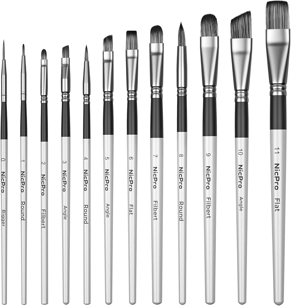 Nicpro 12 PCS Artist Paint Brush Set for Acrylic Oil Watercolor Gouache