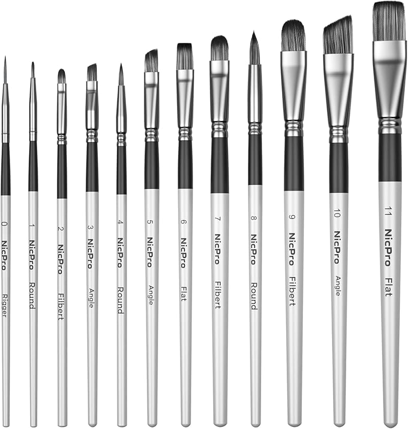 Nicpro 12 PCS Artist Paint Brush Set for Acrylic Oil Watercolor Gouache