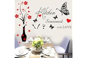 CASADECOR Kitchen Wall Decor Stickers Kitchen Quotes this Kitchen is Seasoned with Love Red Heart Butterfly Wall Sticker Removable Wall Decals Vase Wall Art Sticker for Dinning Room Kitchen Restaurants Home Wall Decorations.