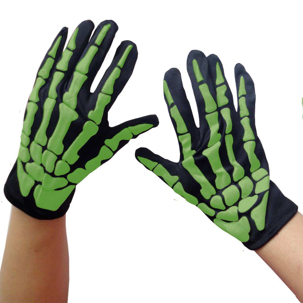 Naichuo Skeleton Full Finger Gloves, Skull Bone Gloves Halloween Costume Cosplay Accessories for Men Women Kids(Black and Green)