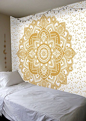 Tapestry Wall Hanging Mandala Wall Tapestry White and Gold Tapestry Hippie Mandala Bohemian Tapestry Psychedelic Tapestry Indian Tapestry Wall Art for Bedroom Dorm Decor