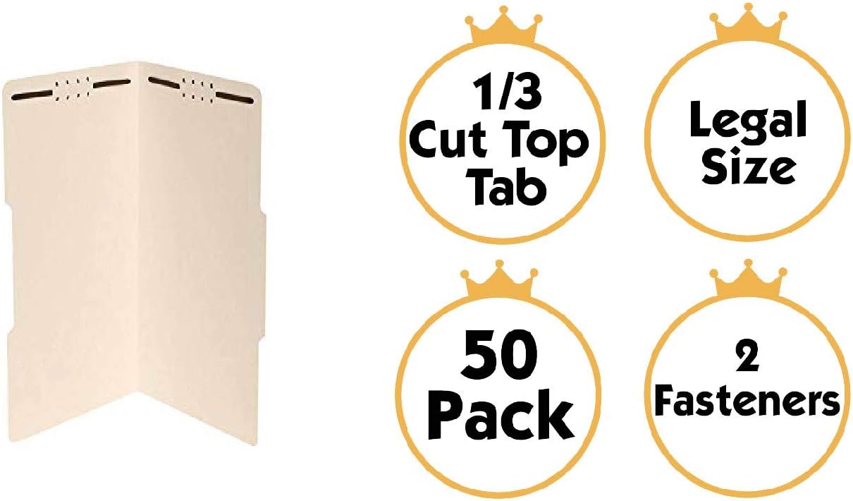 The File King - Manila File Folder - Legal Size - 1/3 Cut Top Tab in Assorted Positions for Filing Cabinets and Drawers - Box of 50 : Office Products